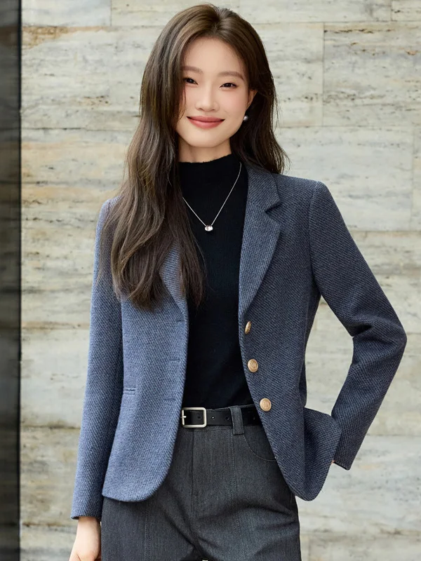 Elegant Woolen Suit Jacket Women's Fashionable Autumn Winter Waist-Cinching OL Wool Blend  Thickened Long Sleeve Coat
