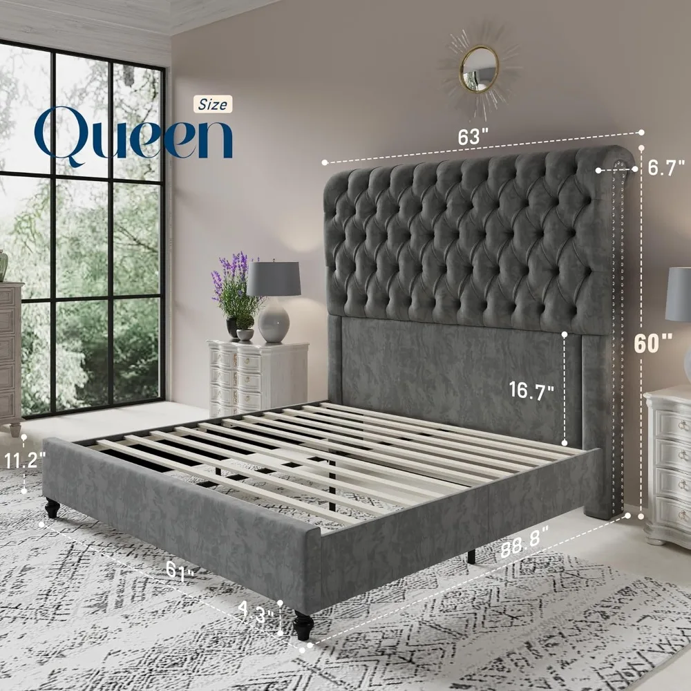 Jocisland Queen-Size-Bettgestell mit Schlittenkopfteil, 152,4 cm hoch, mit Samt gepolstertes Plattformbett, kein Boxspringbett erforderlich, Hellgrau