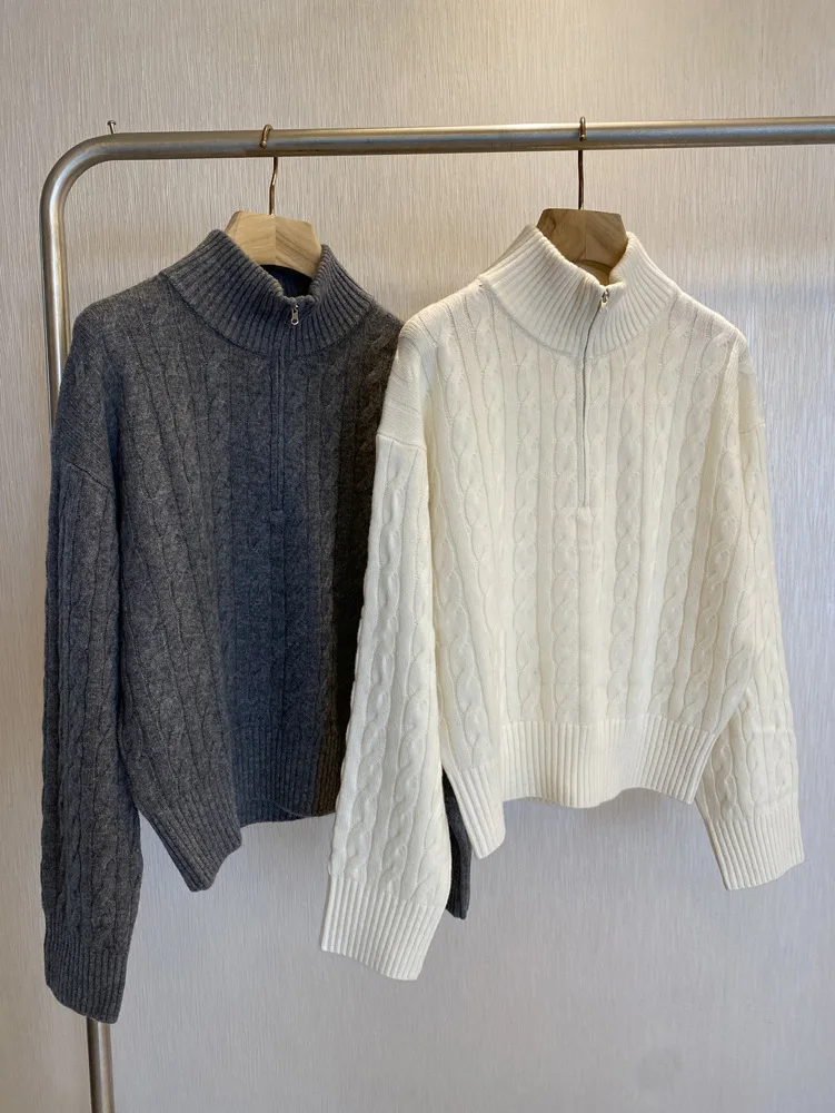 

Winter women's casual solid color retro old money style silhouette twisted flower half zipper knitted sweater