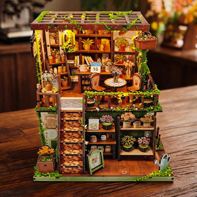 DIY Wooden The Green Field Florist Cottage Figurines Miniatures Kits Mini Casa for Friends Christmas Gifts Home Decor Crafts