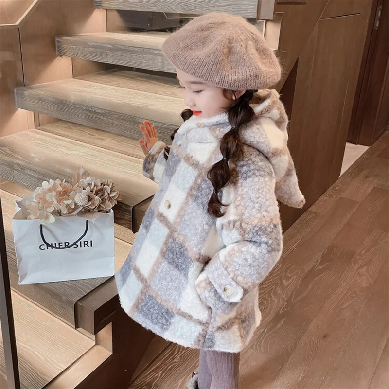 

Girls Woolen Coat Overcoat Jacket Windbreak 2024 Hooded Warm Plus Thicken Autumn Winter Cotton School Children's Clothing