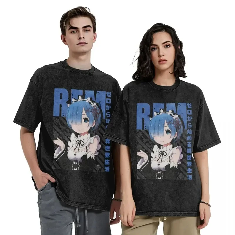 Rezero REM relife in a different world from zero washed T shirts streetwear hip hop vintage T-shirt tees for men women Harajuku