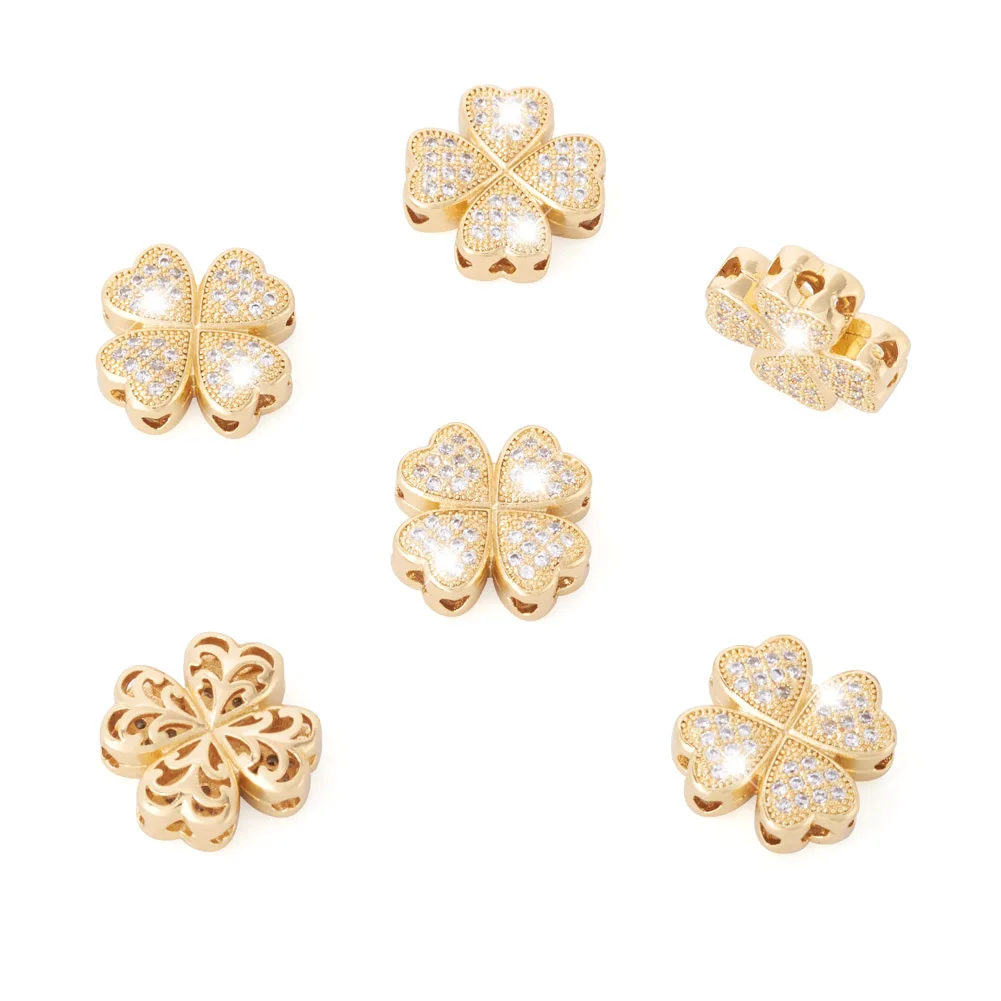 10pcs Clover Shape Brass Micro Pave Cubic Zirconia Beads For DIY Handmade Jewelry Making Necklace Accessories 14x14x5mm