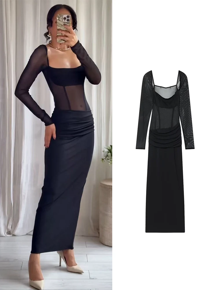 Tfmln feminino elegante vestido longo retro sexy semi-transparente emendado dobras manga longa vestido de festa moda vestido de pescoço quadrado