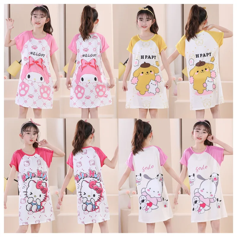 Sanrio Hello Kitty Dress Girls Nightgown Cartoon Anime Pajamas Summer Child ShortSleeves Sleepwear Dress Homewear Clothing