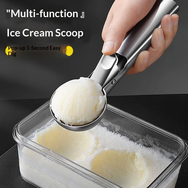 Stainless Steel Ice Cream Scoop With Trigger Easy Release Fruit Ball Scoop Multifunctional Household Watermelon Melon Spoon