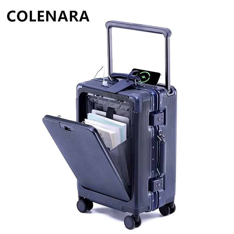 COLENARA Laptop Luggage Front Opening Aluminum Frame Trolley Case USB Charging Boarding Case 20