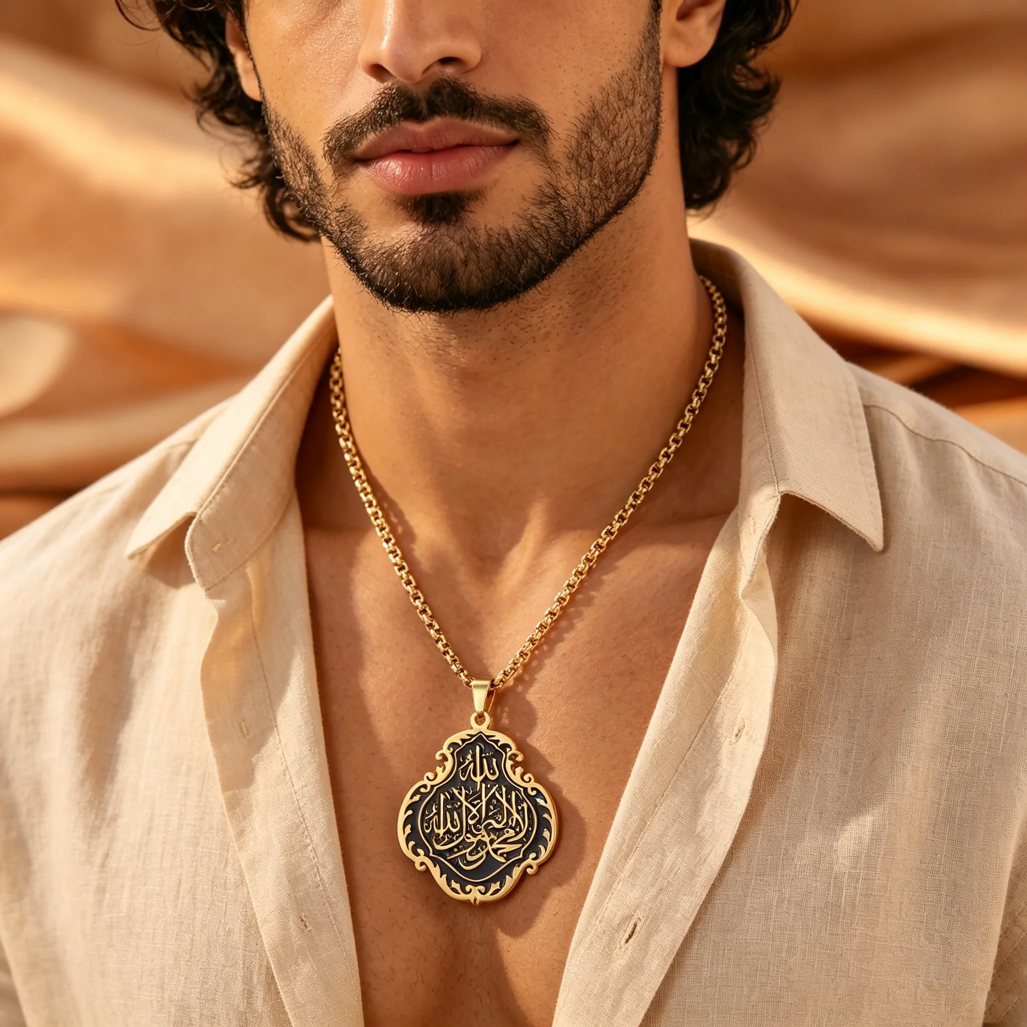 New Arrival: Gold and Silver Two-Tone Black Enamel Kalima Scripture Necklace with Decorative Curved Frame, Islamic Style Statement Pendant, Box-Style Chain