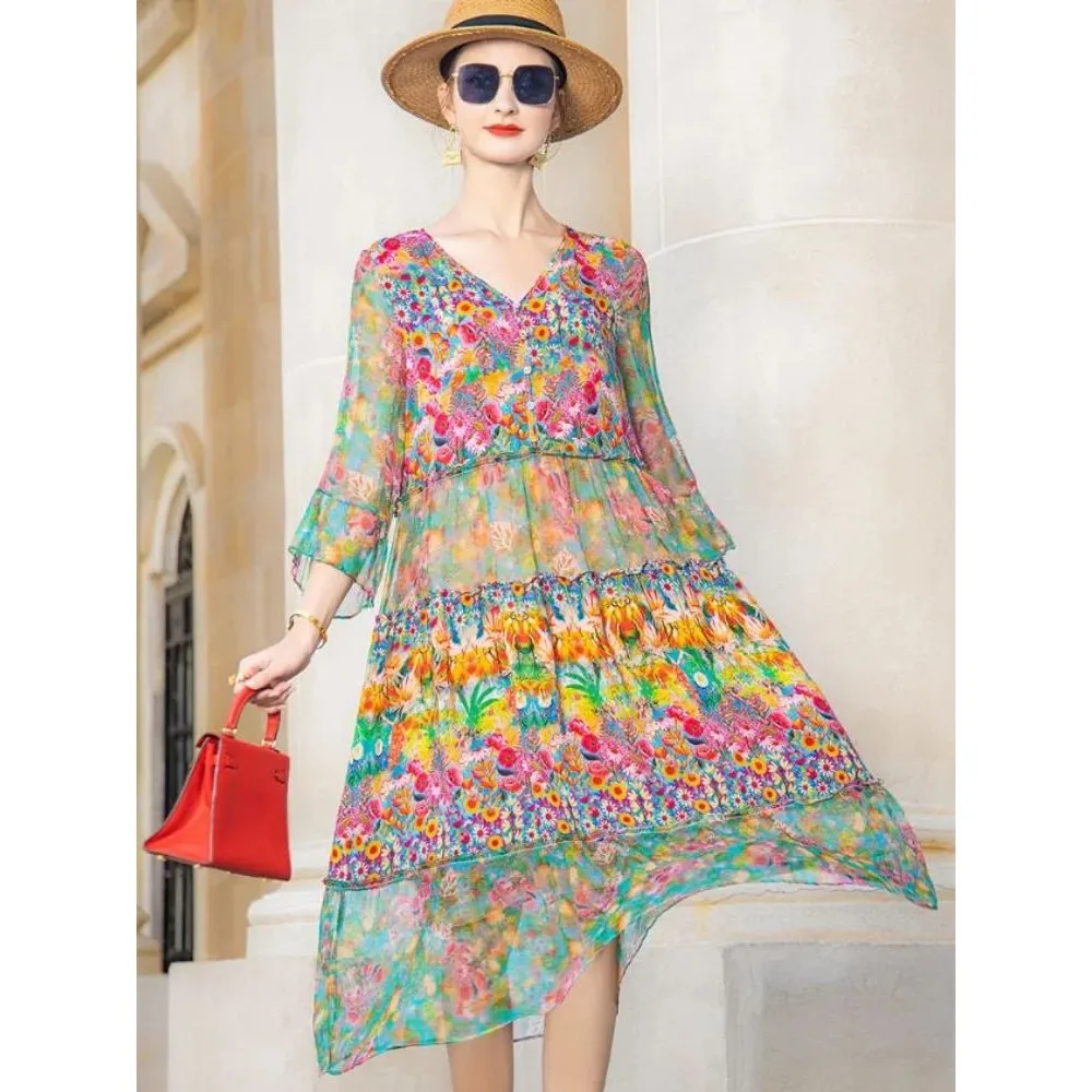 Haute qualité été 2024 plage Boho Vintage imprimé mousseline de soie V Ne Dr femmes Faion Ele décontracté Maxi Dr