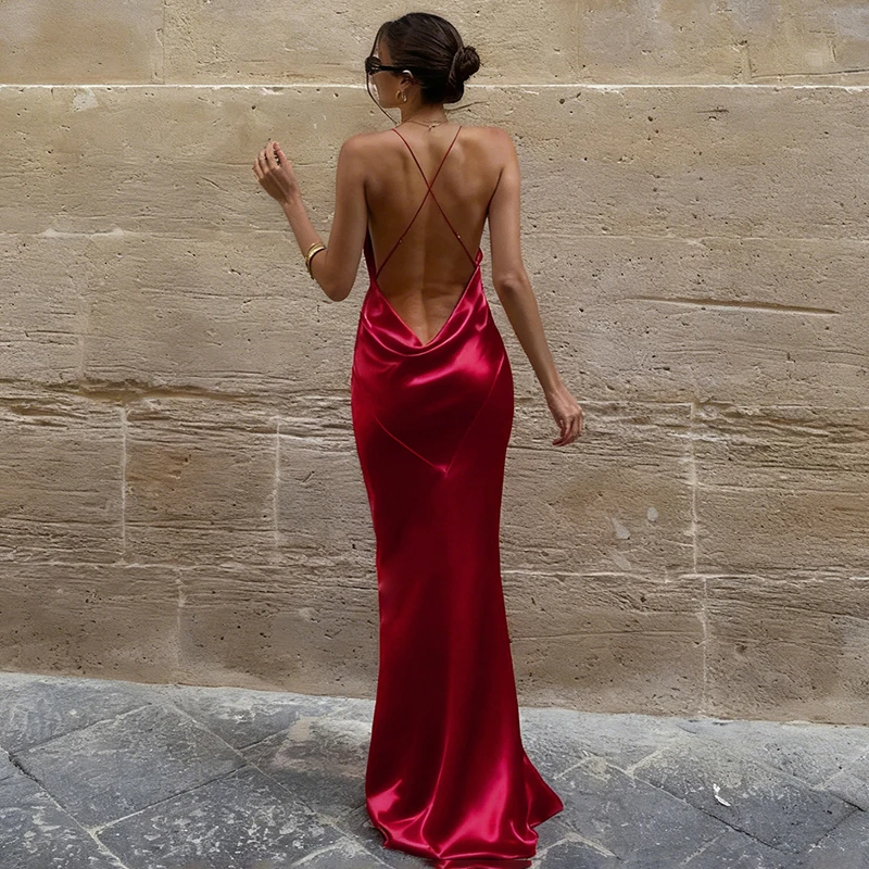 Typhaland Elegantes Satin-Abendkleid für Damen, Bankett, Rot, sexy V-Ausschnitt, Hosenträger, Maxikleid, rückenfrei, Fischschwanzkleid, Damenmode
