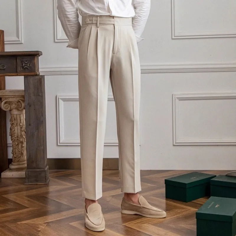 Men's Vintage Naples Style High Waist Pleated Casual Trousers Wrinkle Resistant Commuter Long Pants For Spring And Autumn