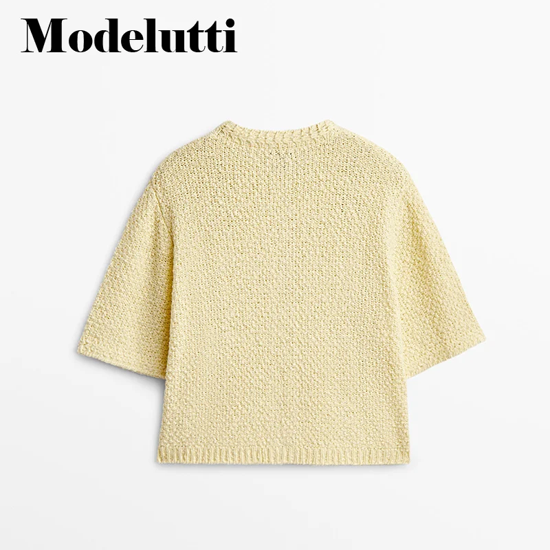 Autumn 2023 New Fashionable Women Short Sleeve Knitted Sweater Coat Pockets Solid Wild Simple Casual Tops Female Chic