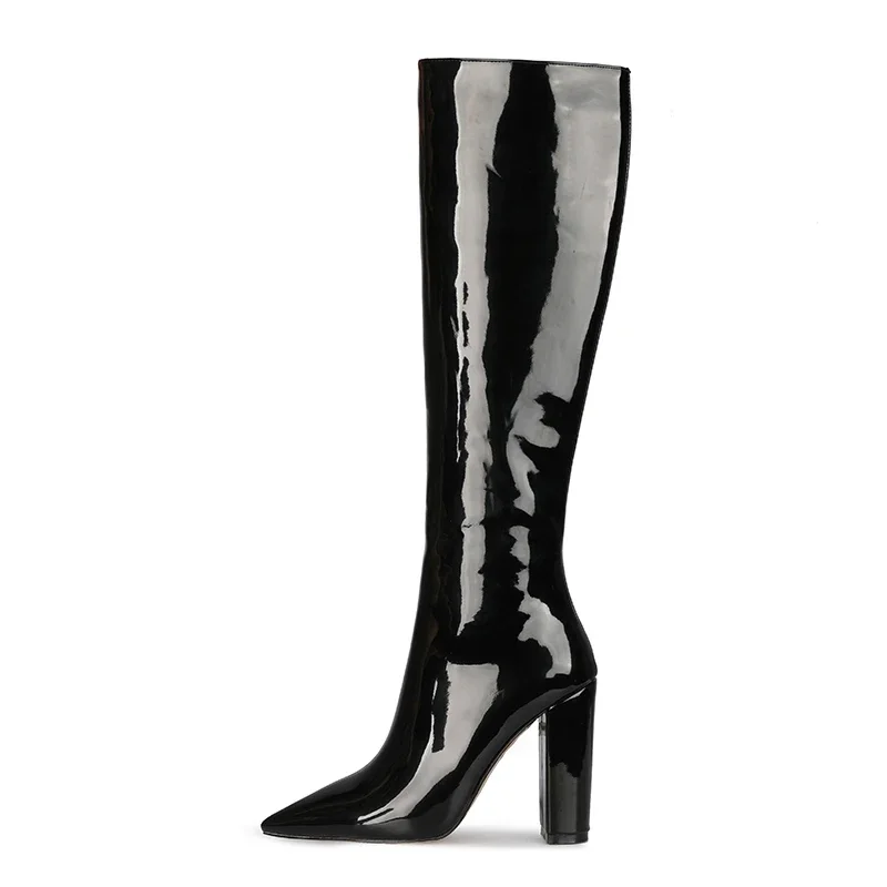 Arden Furtado Autumn Cow Patent Leather Pointed To Side Zipper Super High Heel Modern Boots Extra Large Size Knee High Boots