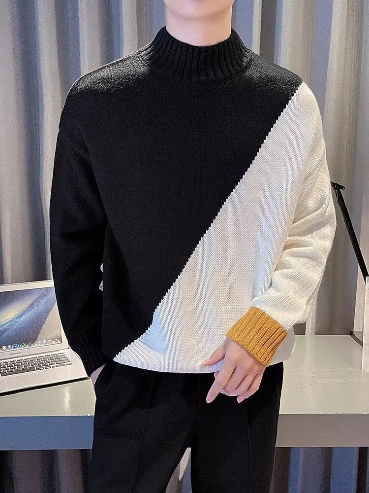 

Men's Patchwork Knitwear, Warm Sweater, Fashionable Round Neck Loose Top
