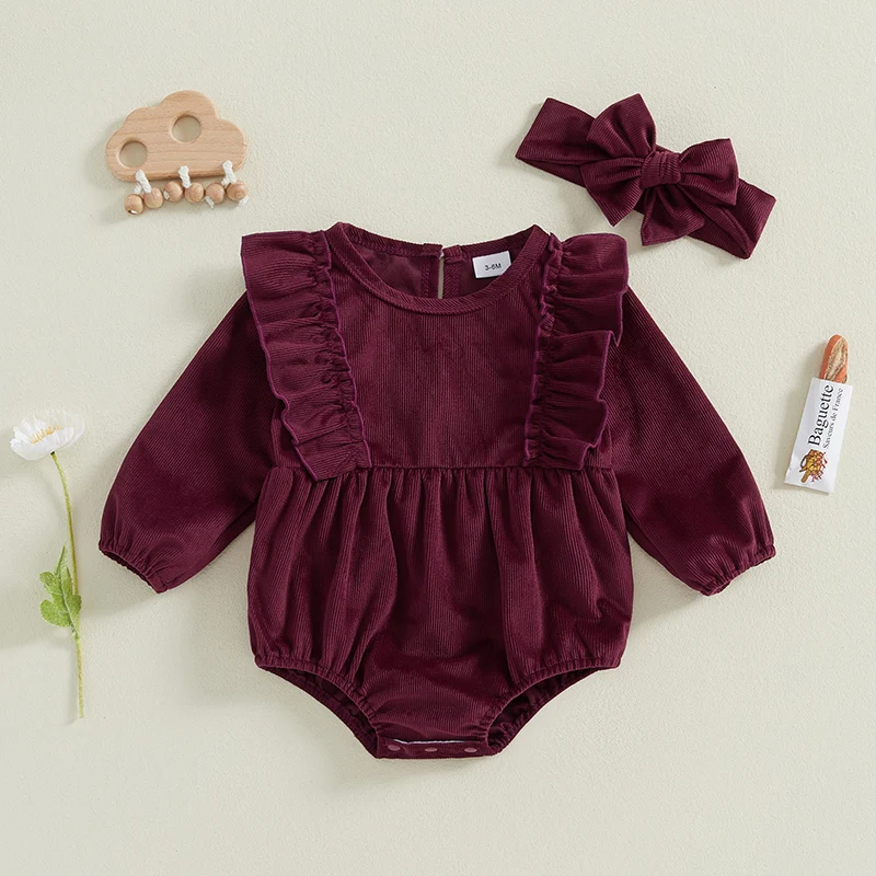 2-Piece Baby Girls Velvet Set Ruffled Trim Long Sleeve Round Neck Romper Headband Adorable Outfits