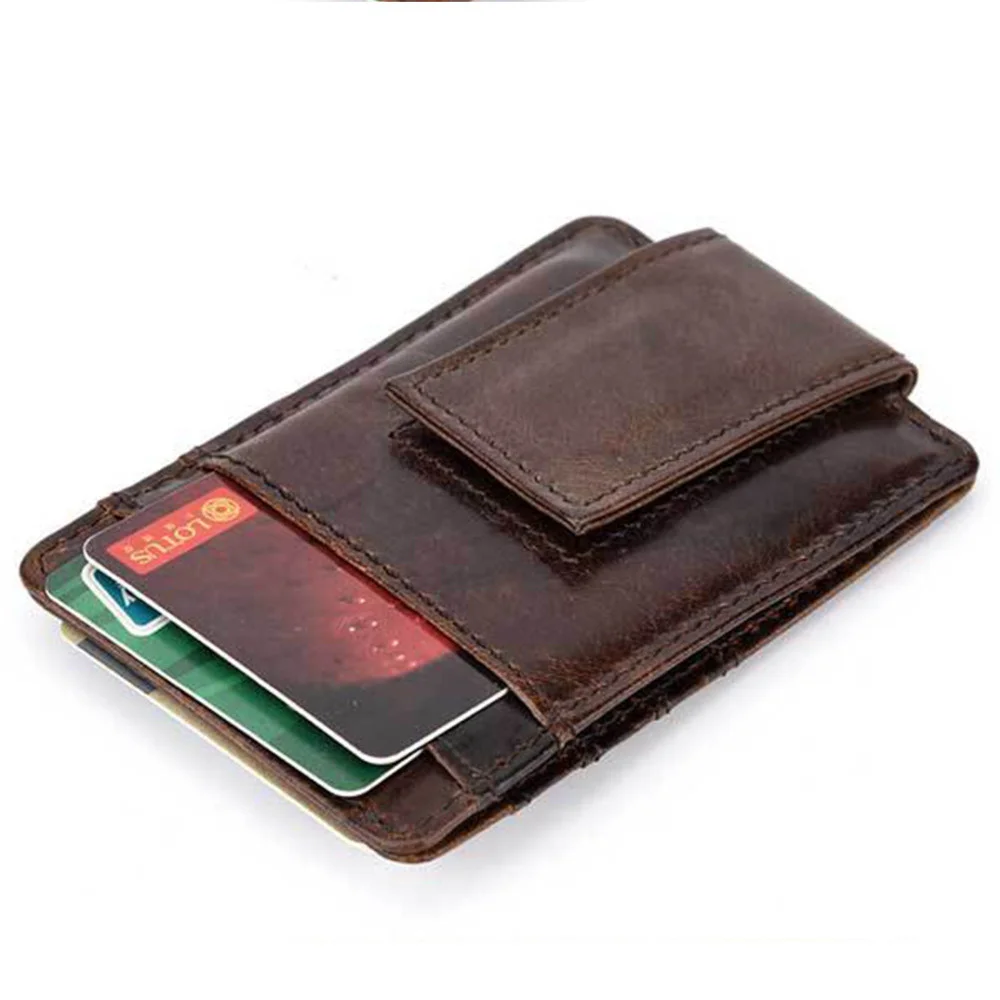 

Men Money Clips ID/Credit Card Purse Pocket Genuine Leather Magnetic Buckle Retro Oil Wax Cowhide Slim Mini Holer Wallets