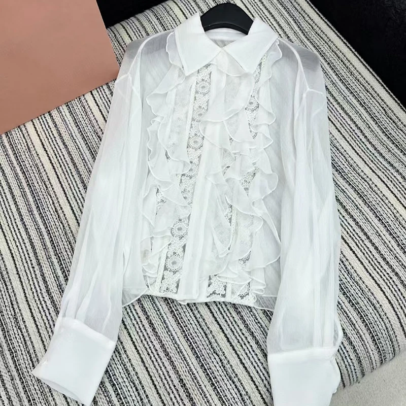 Camicia da donna con giunture solubili in acqua in seta con volant, camicetta versatile alla moda e sexy, camicetta in seta di gelso di alta qualità,