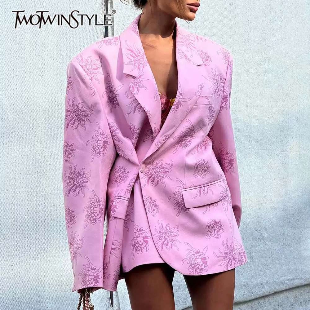 TWOTWINSTYLE Elegant Floral Print Women Jackets Lapel Collar Long Sleeve Loose Jacket for Commute Daily Wear Fashion Autumn New