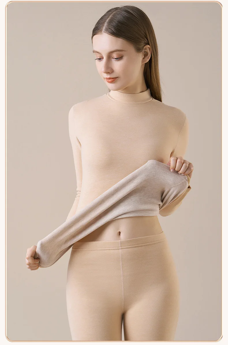 Damen-Thermo-Unterwäsche aus Kaschmirseide, Thermoshirts, warme Hosen, verdickte, einfarbige, halbrollkragenartige Oberteile, langärmlige Winterkleidung. – Detail 15