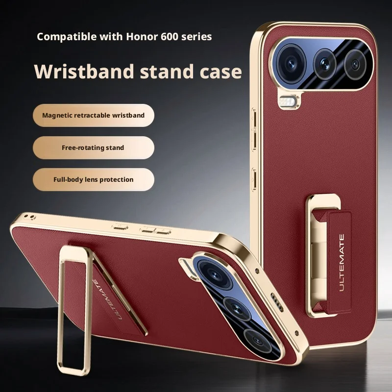 For Honor 600 and Honor 600 Pro Case Shield Full Lens Protection Finger Grip Strap Metal Bracket Kickstand Vegan Leather Cover