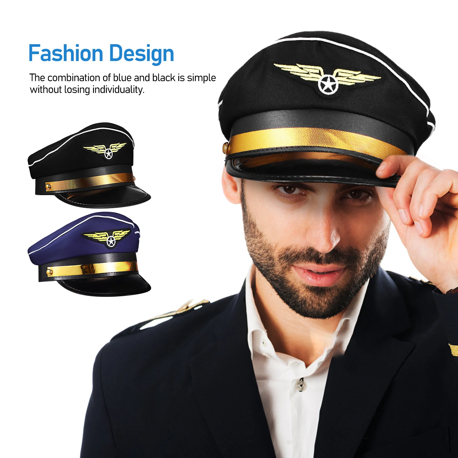 2 Pcs Flight Attendant Pilot Hat Aerospace (Blue + Black) 2-pack Cap Novelty Party Hats Stewardess Halloween