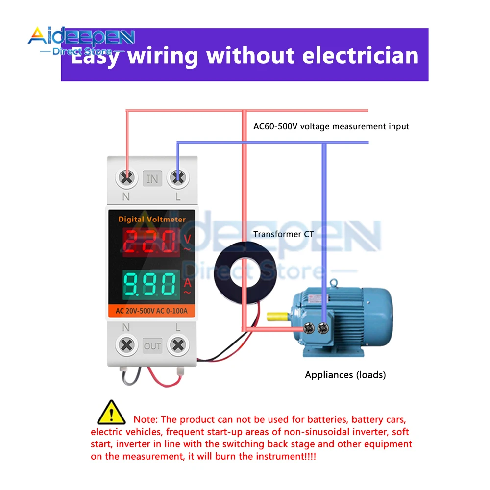 AC 60-500V 0.00-99.9A 35mm Din Rail Voltmeter Ammeter 2 in 1 Multi-function AC Voltmeter Voltage Amps Meter With Transformer