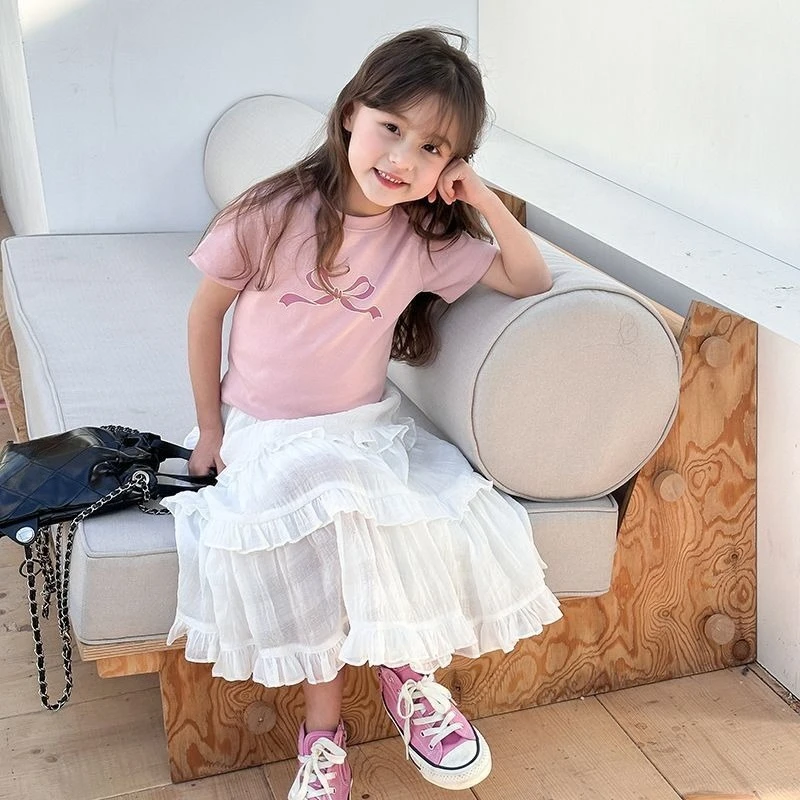 Girls Summer Cotton T-Shirt Kids Chinese Bow Design Short Sleeve Tee Cute Casual Top for Little Girls Trendy Ins Inspired Style