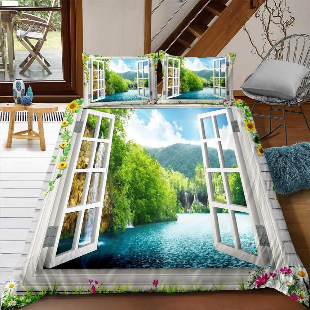 Landscape Duvet Cover Set Fake Window 3D Print Scenery Bedding Set Microfiber Landscape Waterfall Garden King Size Quilt Cover