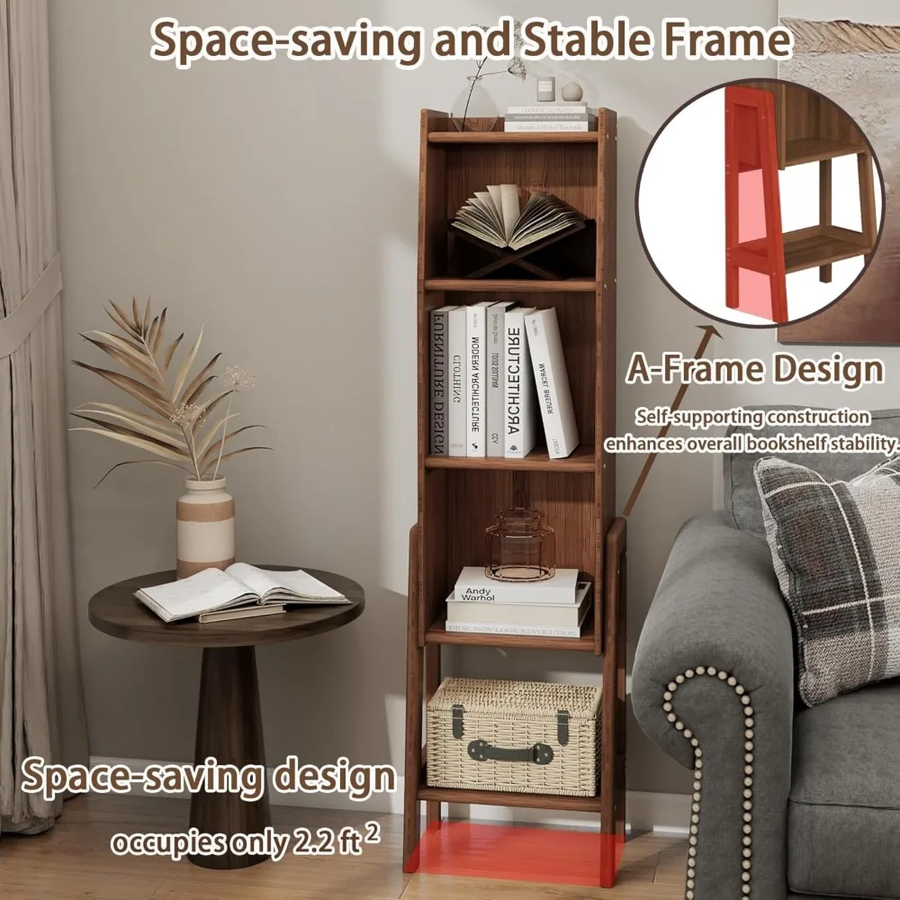 خزانة كتب مدمجة ذات 4 أرفف لمنتصف القرن للمساحات الصغيرة، وحدة عرض تخزين مفتوحة لديكور المنزل في غرفة المعيشة