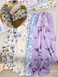 Flannel Cartoon Sanrio Walking Pants Pajamas Pants Thickened Women's Autumn and Winter New Warm Home Casual Pants with Pockets