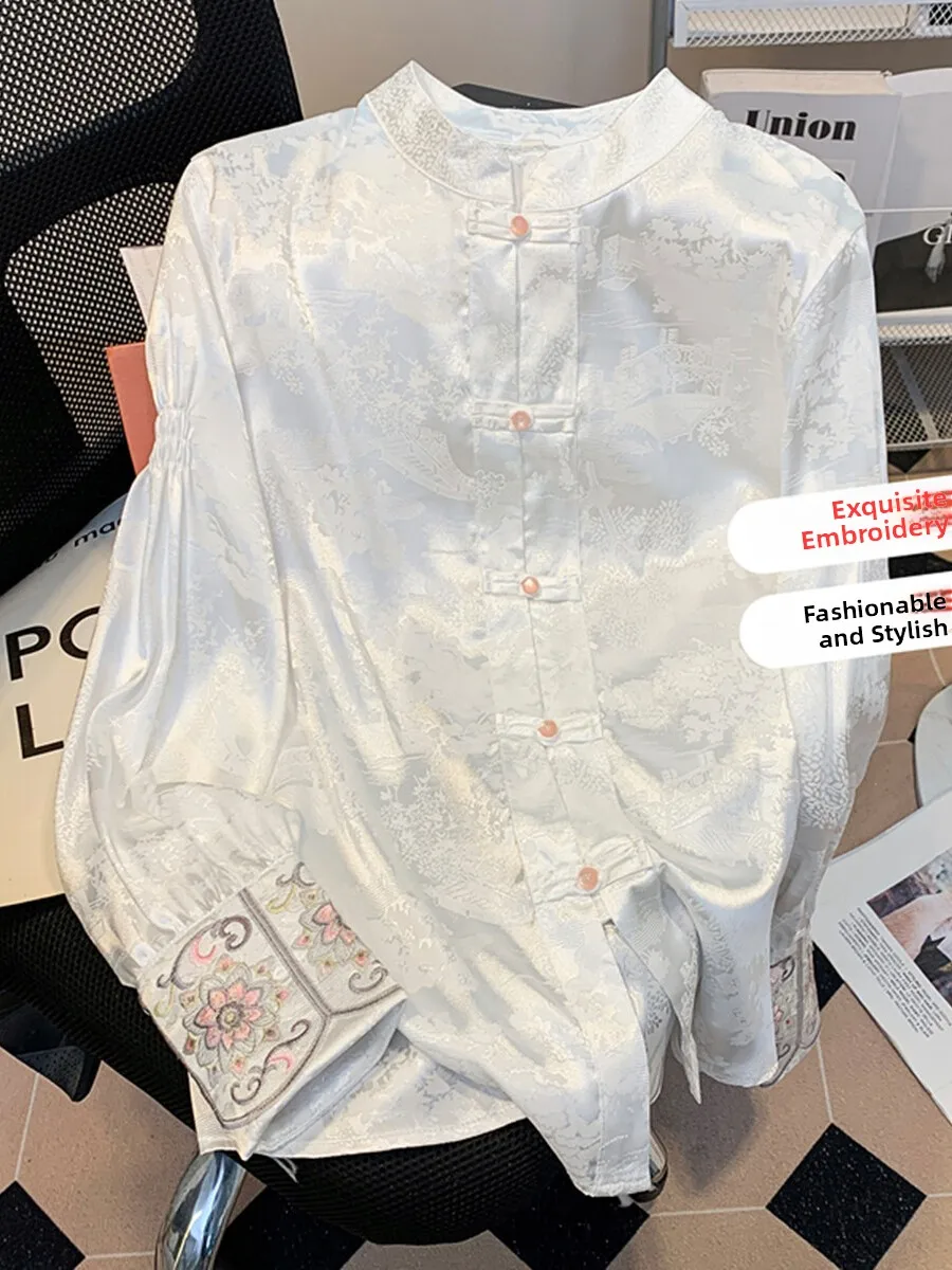 新しい中国風刺繍プードル柄レディース春物高級感スタンドカラーベーストレンディトップス綿100%