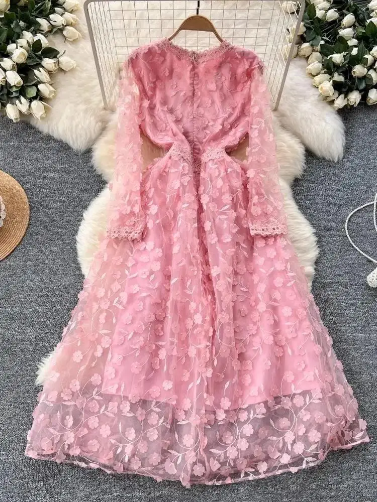 2025 Spring Summer Gorgeous Pink Flower Embroidery Dress Women V Neck Sheer Mesh Pink Wedding Birthday Party Prom Vestidos