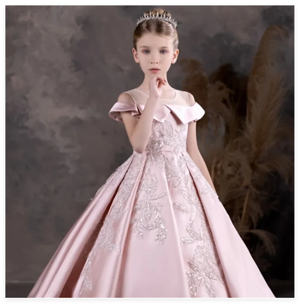 

Pink High Neck Girl Dress Beads Arab Princess Baby Wedding Birthday Party Holiday Gown