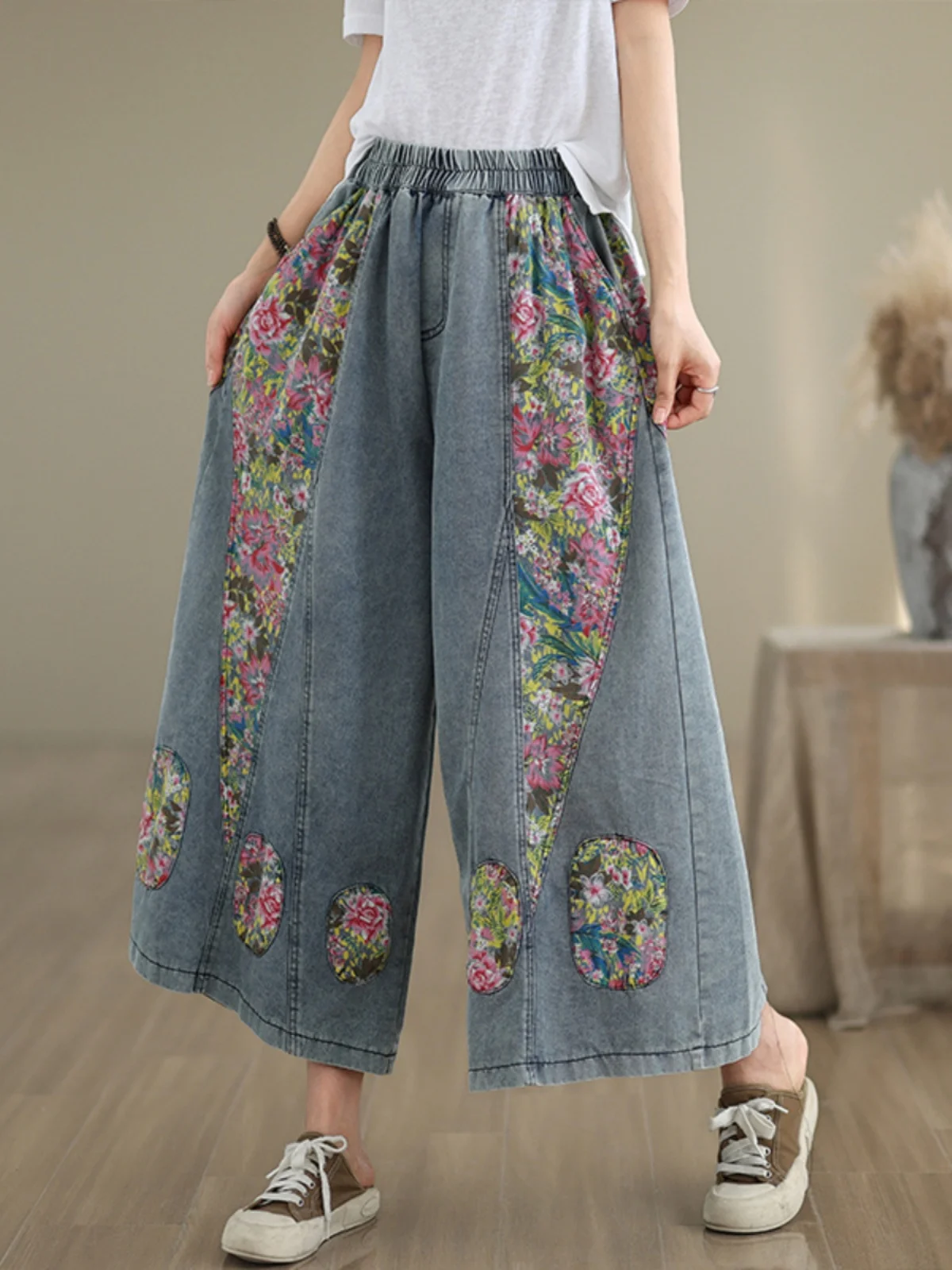 

Summer 2025 New Style Thin Denim Patchwork Casual Retro Loose plus Size Women's Wide Leg Pants Nine-Piece Pants