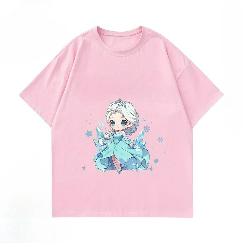 ديزني الأميرة إلسا الأطفال قصيرة الأكمام المرأة الصيف دعوى 2025 المرأة الجديدة عالية الجودة لطيف الرياح تي شيرتات قصيرة الاكمام