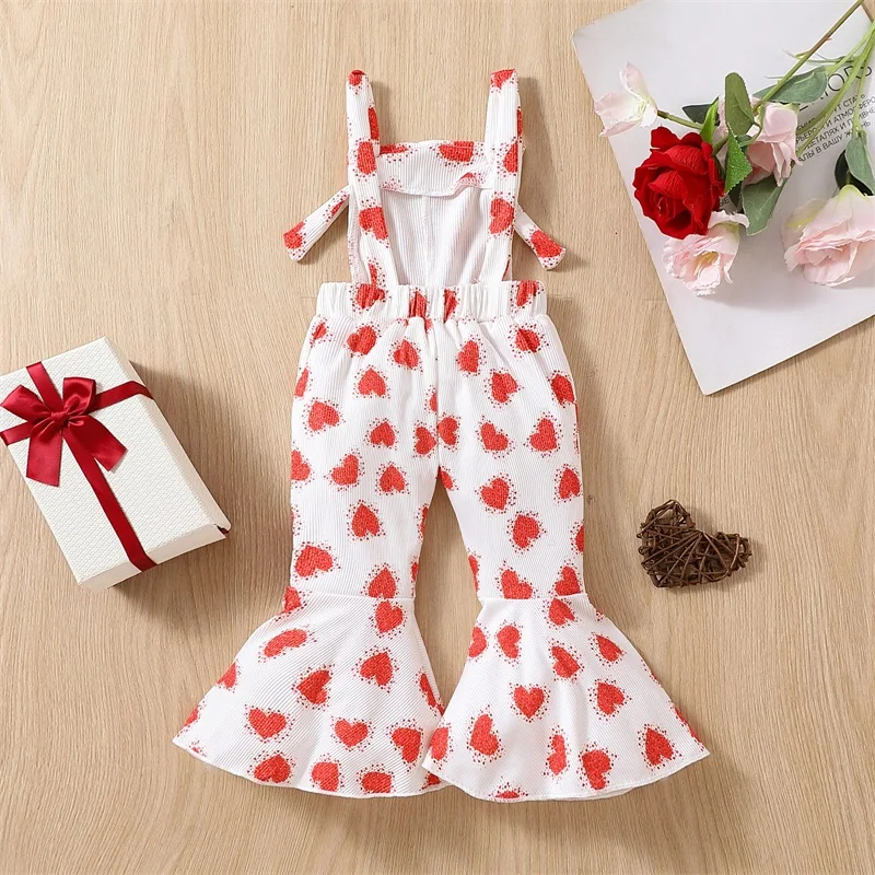 

Girls Sleeveless Rompers with Heart Print Cute Flared Trousers Jumpsuit for Valentine s Day Celebration Perfect for Toddlers