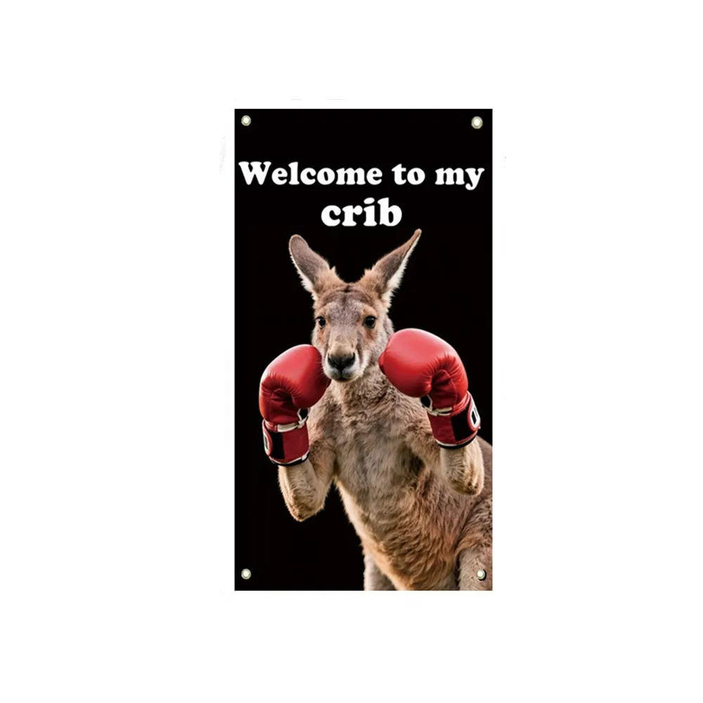 Kangaroo in Boxing Gloves Banner Wall Tapestry 2x3ft 3x5ft- Welcome to My Crib Banner College Dorm Decor with 4 Brass Grommets