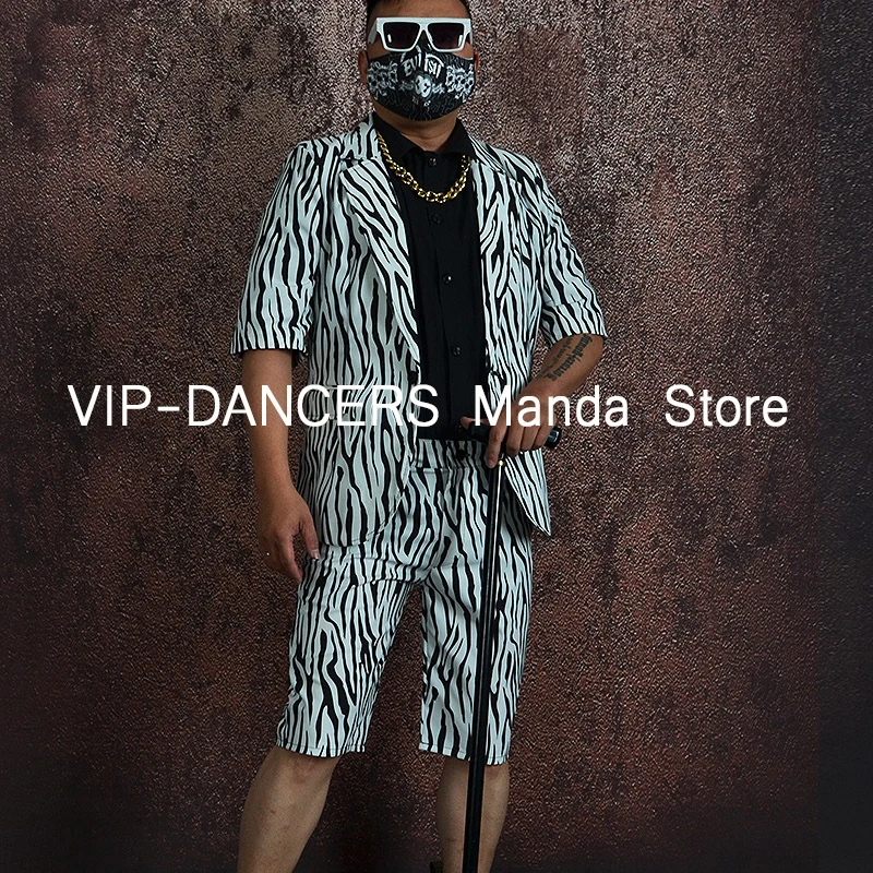 Black White Stripe Suit Male Stage Performance Outfit Hip Hop Jazz Dance Clothes Nightclub Bar Party Show Dancer Wear New VDL744