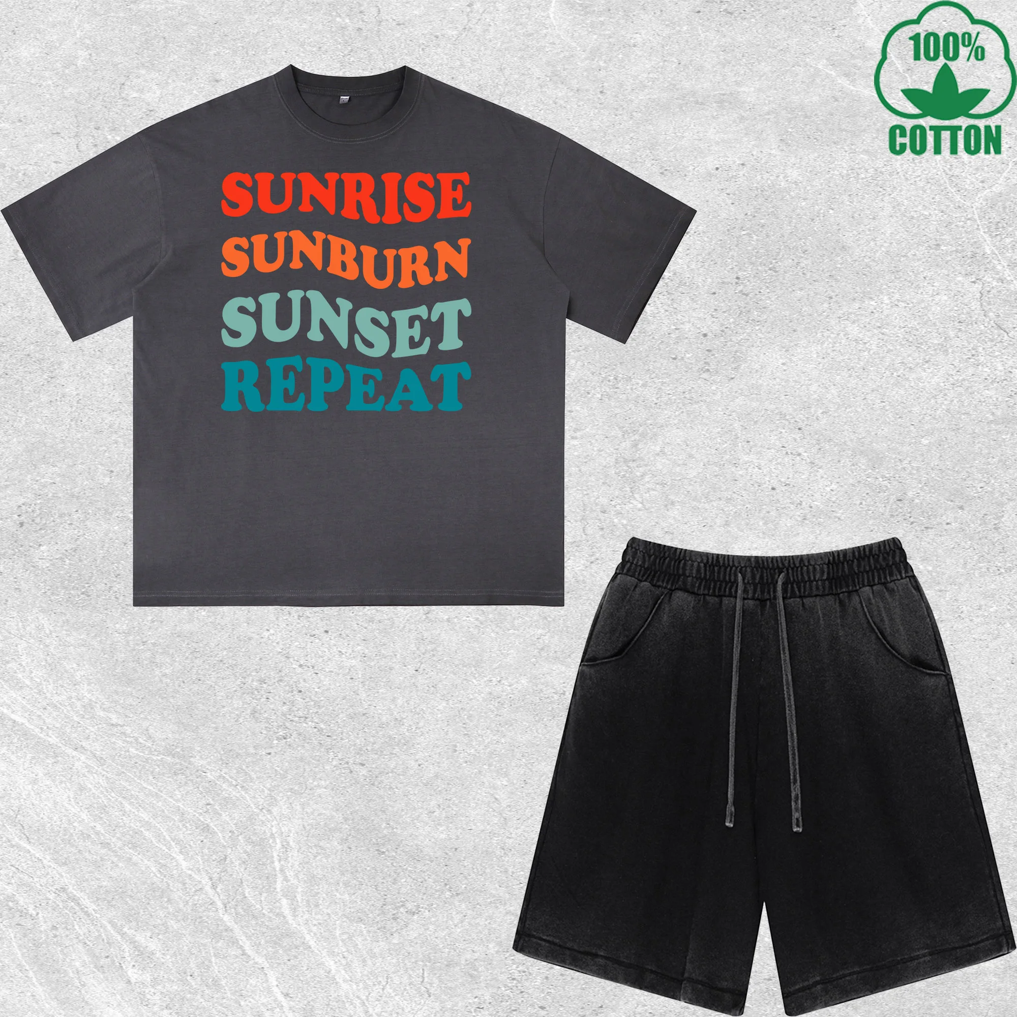 

Sunrise Printed Dirty Wash T-Shirt Shorts Set Multicolor Combo Loose Trendy Fashionable 100%Cotton