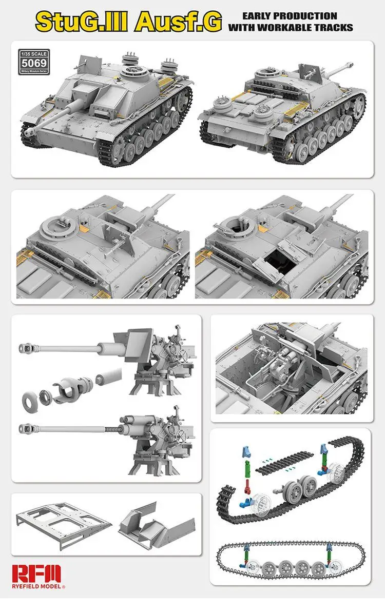 RYEFIELD RM5069 1/35 Scale StuG. III Ausf. G Early Production w/Workable Track Links Plastic Model Kit