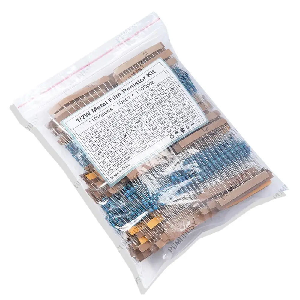 1100PCS 1/2W 1M Metal Film Resistor Assorted Kit 1R 2.2R 3.3R 4.7R 100R 100K 470K 10M 2M Ohms Resistors Set