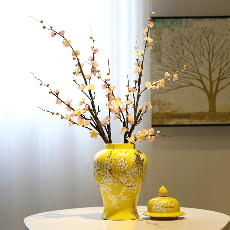 Flower Vase Yellow Temple Jar, White Plum and Bird Print, Decorative Designer, Large Ginger Jar, Tree Floral Ceramic Lidded