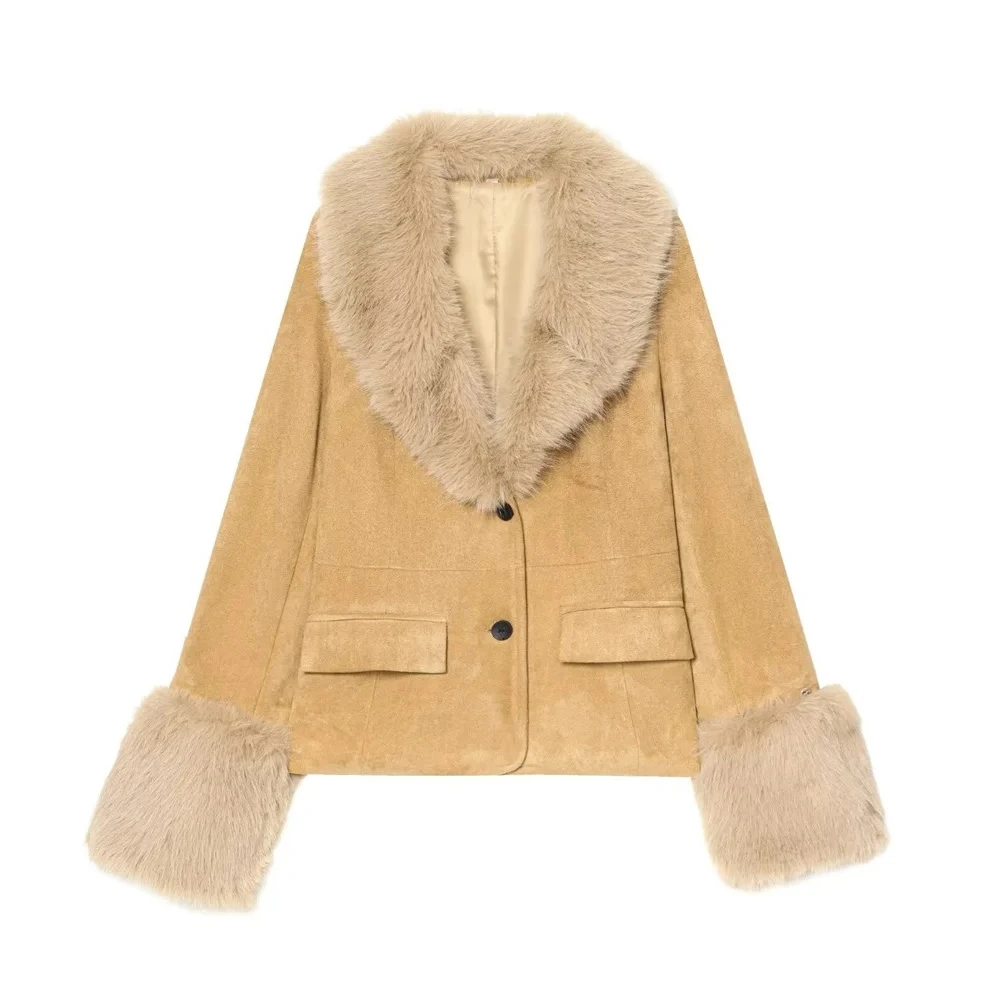 เสื้อแจ็คเก็ตสูทแขนยาวทรงเข้ารูป ผ้าหนังกลับลายขนสัตว์เทียม สำหรับฤดูหนาว ดีไซน์แฟชั่นใหม่สำหรับผู้หญิง อุ่นสบาย