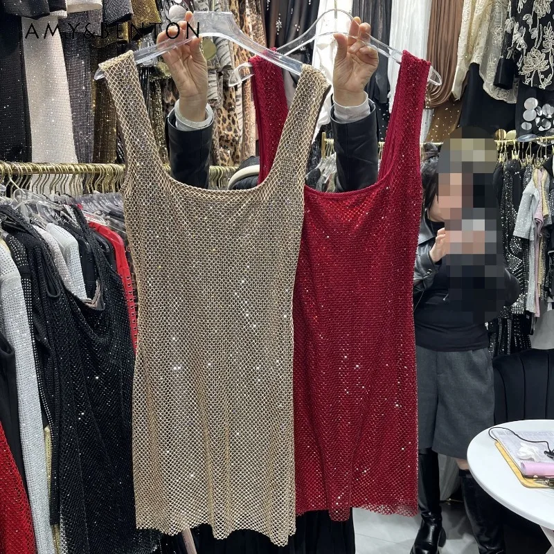 

New Year Dress High-End Sparkling Red Strap Dress Light Luxury Socialite Sexy Waist-Hugging Bodycon Backless Short Vestidos Girl
