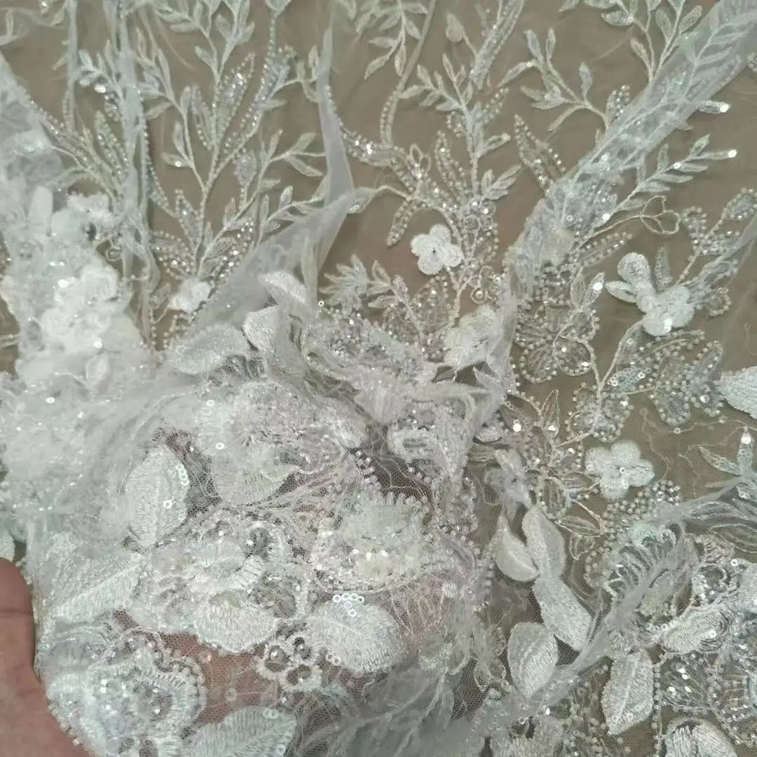 Beautiful floral lace fabric with sequins and beads wedding dress lace 130cm wide sold by yard