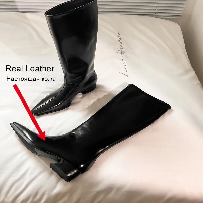 JOZHAMTA Size 34-40 Women Knee High Boots Real Leather Ins Fashion Winter Thick Mid Heels Shoes 2025 Wide Calf Office Lady Dress