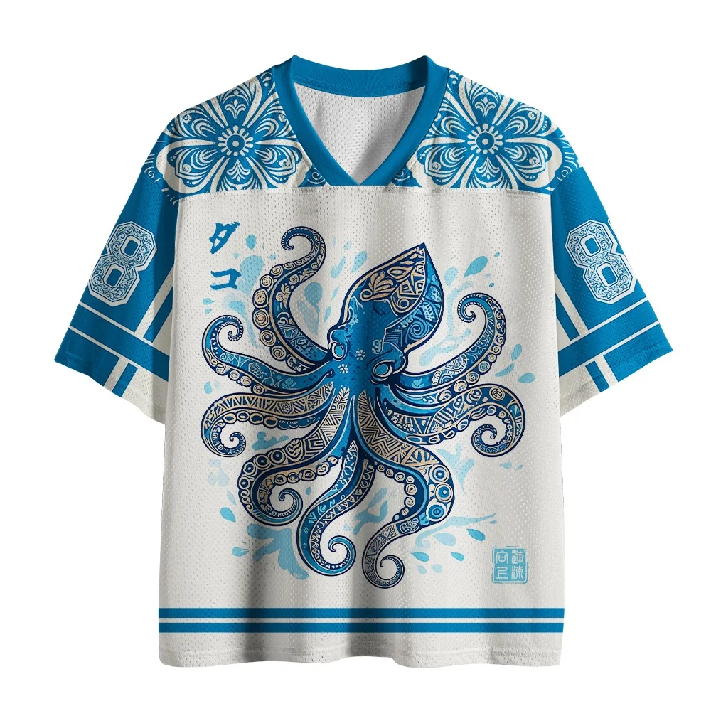 2627 Trendy Boho Tribal Octopus Print V Neck T Shirt Unisex Short Sleeve Loose Casual Tee Ocean Daily Holiday Street Party Wear