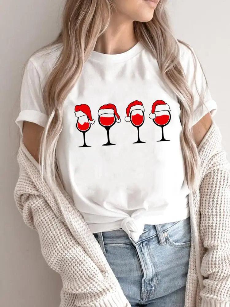 Merry Christmas Women Holiday Shirt Clothing Print T Top Wine Love Cartoon Graphic T Tee Fashion 2025New Year T-shirts