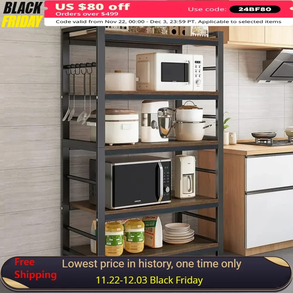 5-Tiers Bakers Rack,Microwave Oven Stand with Shelves, 5 Hooks,Multifunctional Shelf for Kitchen,Bathroom,Livingroom,Storehouse