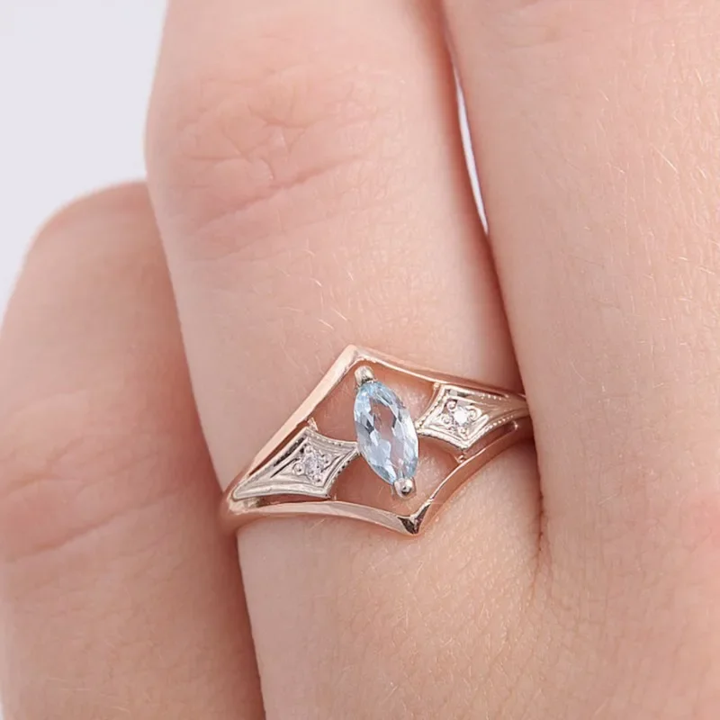 

Huaya Elegant Women's Light Blue Cubic Zirconia Wedding Rings Rose Gold Color Rhombus Hollow Ring Party Accessories
